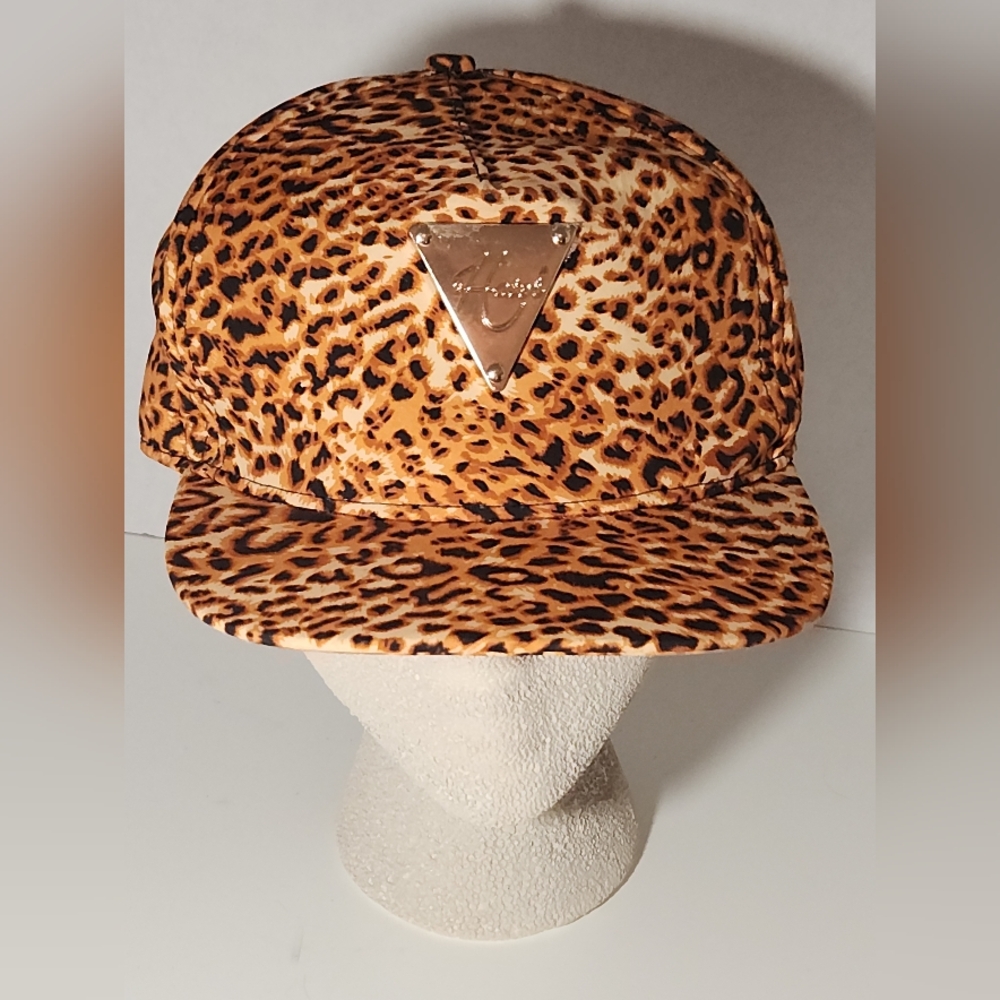 Hater leopard print snapback hat with gold metal logo plate